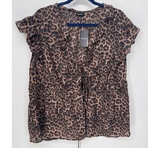 Torrid Blouse Women 2X Chocolate NWT Leopard Ruffle Tie Front Peplum Flutter